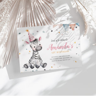 Zebra Party Tiere Rosa Geburtstagseinladung Mitteilungskarte