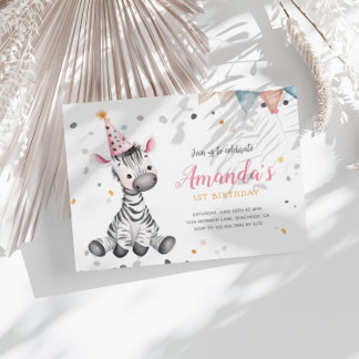 Zebra Party Tiere Rosa Geburtstagseinladung Mitteilungskarte