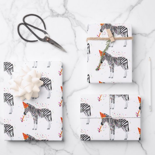 Zebra Partying - Tiere mit Party Geschenkpapier Set (Vorderseite)