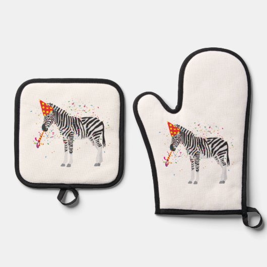 Zebra Partying - Tiere mit Party Ofenhandschuh & Topflappen-Set (Vorderseite)
