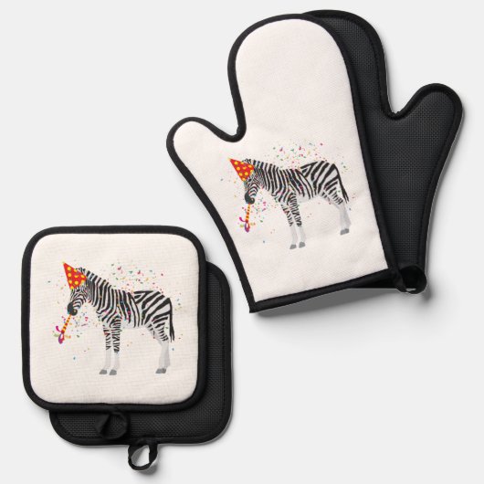 Zebra Partying - Tiere mit Party Ofenhandschuh & Topflappen-Set (Vorderseite/Rückseite)