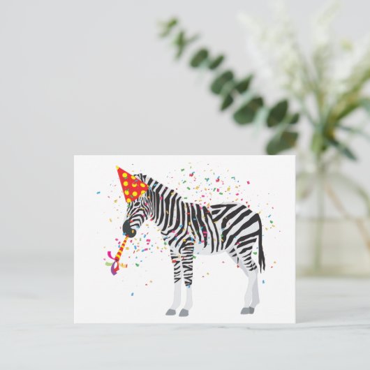 Zebra Partying - Tiere mit Party Postkarte (Stehend Vorderseite)