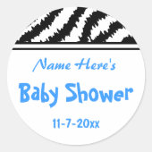 Zebra Pattern Baby Dusche. Blau, Schwarz und Weiß. Runder Aufkleber (Vorderseite)