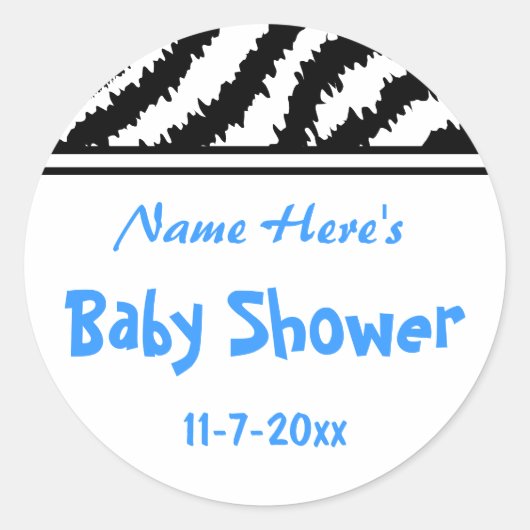 Zebra Pattern Baby Dusche. Blau, Schwarz und Weiß. Runder Aufkleber (Vorderseite)