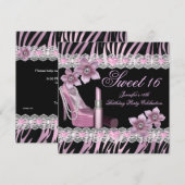 Zebra Pink Black 16 . Geburtstag 16 Party Lipstick Einladung (Vorne/Hinten)