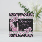 Zebra Pink Black 16 . Geburtstag 16 Party Lipstick Einladung (Stehend Vorderseite)