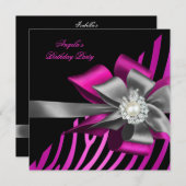 Zebra Pink Black Silver Bow Pearl Birthday Party Einladung (Vorne/Hinten)