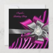 Zebra Pink Black Silver Bow Pearl Birthday Party Einladung (Vorderseite)