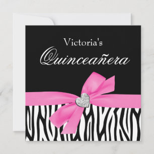 Zebra Pink Bow Diamond Quinceanera Einladungen