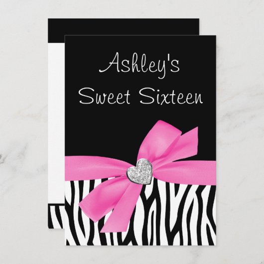 Zebra Pink Bow Diamond Sweet 16 Einladung (Vorne/Hinten)