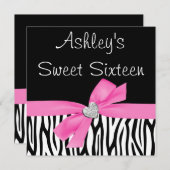 Zebra Pink Bow Diamond Sweet 16 Einladungen (Vorne/Hinten)