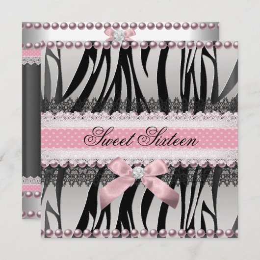 Zebra Pink Bow Pink Zebra Sweet 16 Birthday Einladung (Vorne/Hinten)