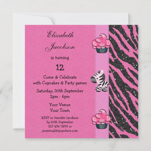Zebra, Pink Cupcakes und Animal Print Glitzer Part Einladung (Rückseite)
