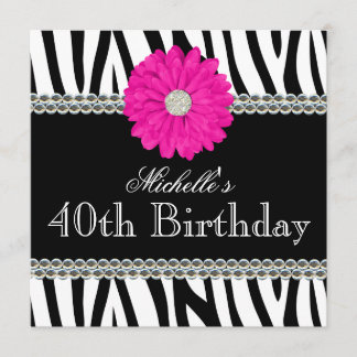 Zebra Pink Daisy Gems 40. Geburtstag Einladung