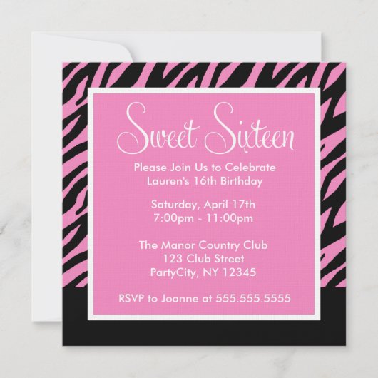 Zebra Print 16 . Geburtstag Einladung (Vorderseite)