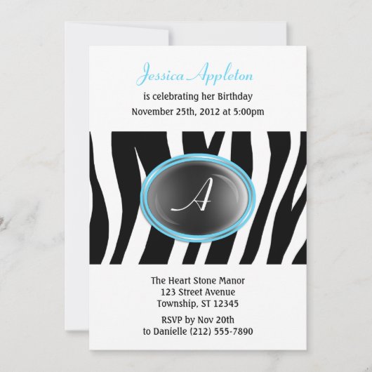 Zebra Print Aqua Blue Glass Monogram Birthday Einladung (Vorderseite)