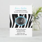 Zebra Print Aqua Blue Glass Monogram Birthday Einladung (Stehend Vorderseite)