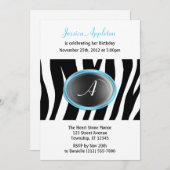Zebra Print Aqua Blue Glass Monogram Birthday Einladung (Vorne/Hinten)