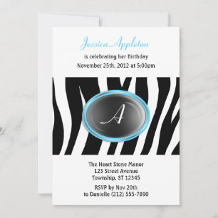 Zebra Print Aqua Blue Glass Monogram Birthday Einladung