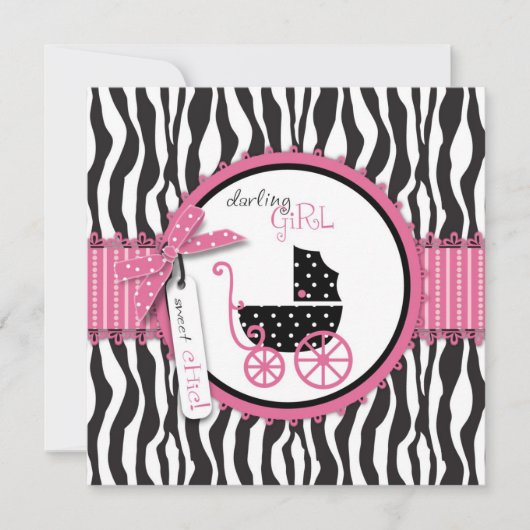 Zebra Print & Baby Carriage Baby Dusche Einladung (Vorderseite)