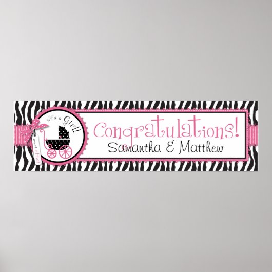Zebra Print & Baby Carriage Baby Shower Banner Poster (Vorne)