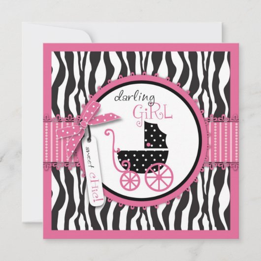 Zebra Print & Baby Carriage Baby Shower Einladung (Vorderseite)