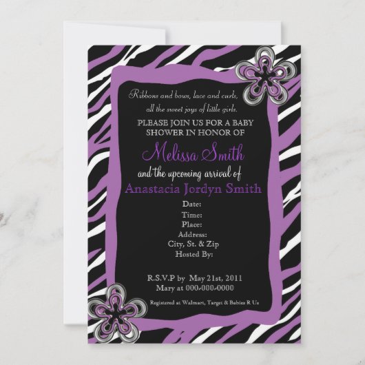 Zebra Print Baby Dusche Einladung - Lila (Vorderseite)