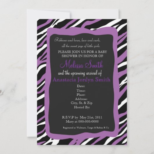 Zebra Print Baby Dusche Einladung - Lila (Vorderseite)