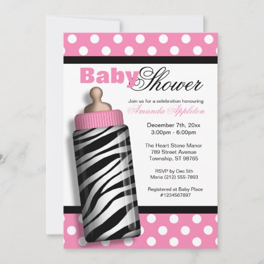 Zebra Print Baby Flasche Pink Baby Dusche Einladung (Vorderseite)