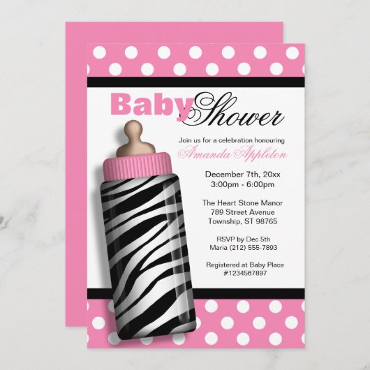 Zebra Print Baby Flasche Pink Baby Dusche Einladung (Vorne/Hinten)