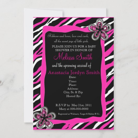 Zebra Print Baby Shower Einladung - Hot Pink (Vorderseite)
