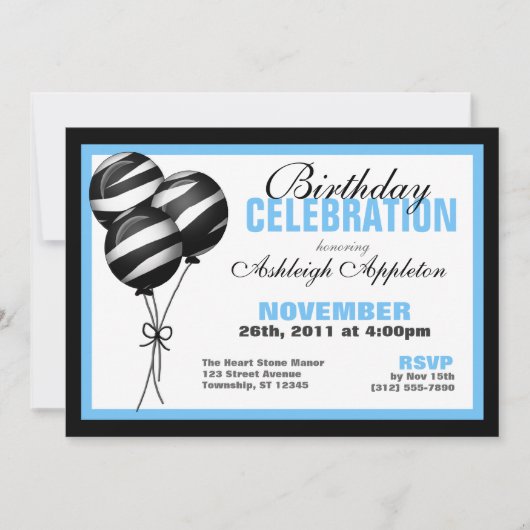 Zebra Print Balloons Light Blue Birthday Einladung (Vorderseite)