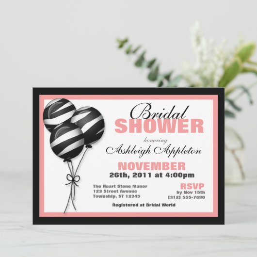 Zebra Print Balloons Rosa Brautparty Einladung (Stehend Vorderseite)