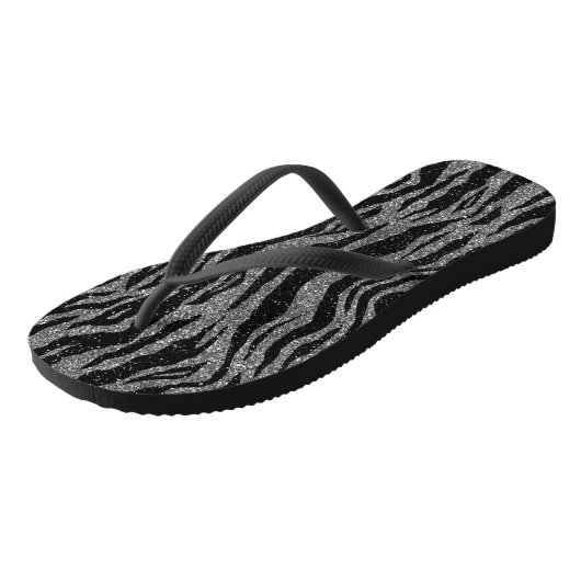 Zebra Print Black and Gray Silver Badesandalen (Schrägansicht)