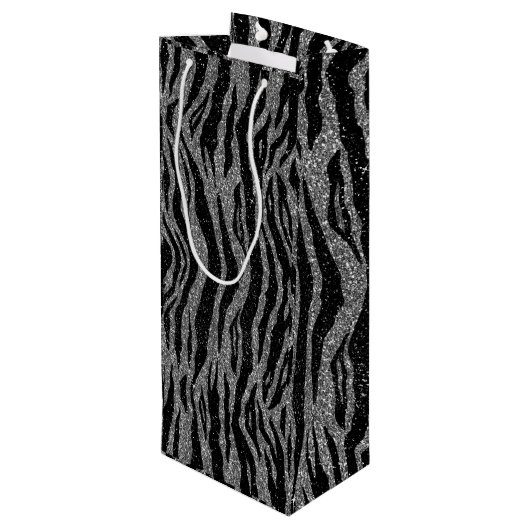 Zebra Print Black and Gray Silver Geschenktüte Für Weinflaschen (Rückseite Schrägansicht)