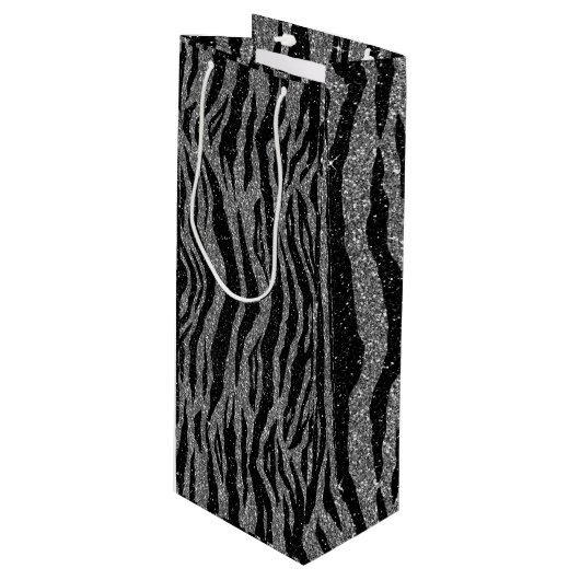 Zebra Print Black and Gray Silver Geschenktüte Für Weinflaschen (Vorderseite Schrägansicht)