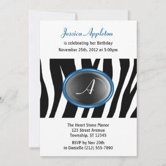 Zebra Print Blue Glass Monogram Birthday Einladung
