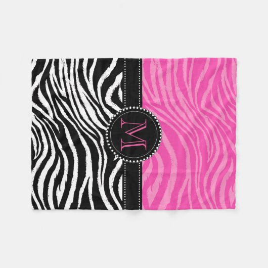 Zebra Print Custom Monogram mär in Schwarz und Ros Fleecedecke (Vorderseite (Horizontal))