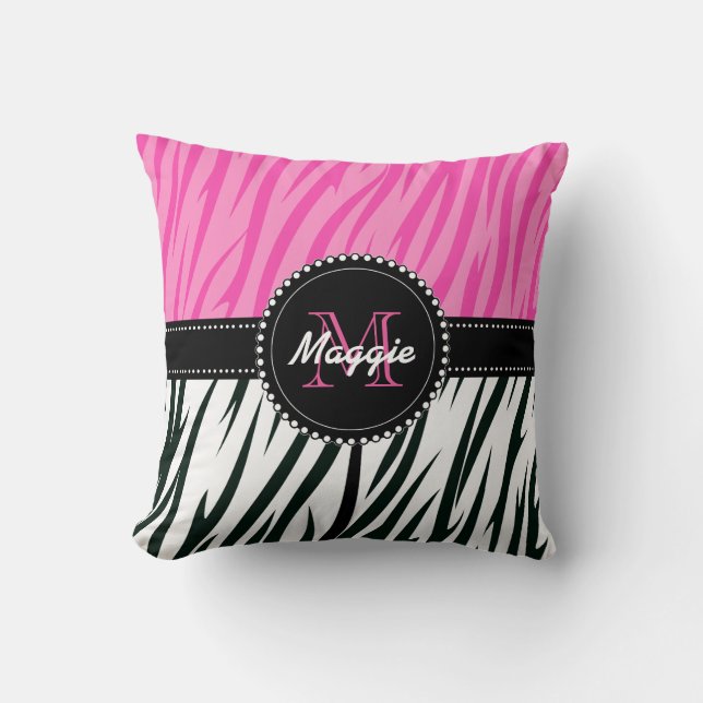 Zebra Print Custom Monogram mär in Schwarz und Ros Kissen (Vorderseite)