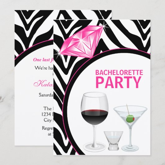 Zebra Print & Diamond Junggeselinnen-Abschied Einladung (Vorne/Hinten)