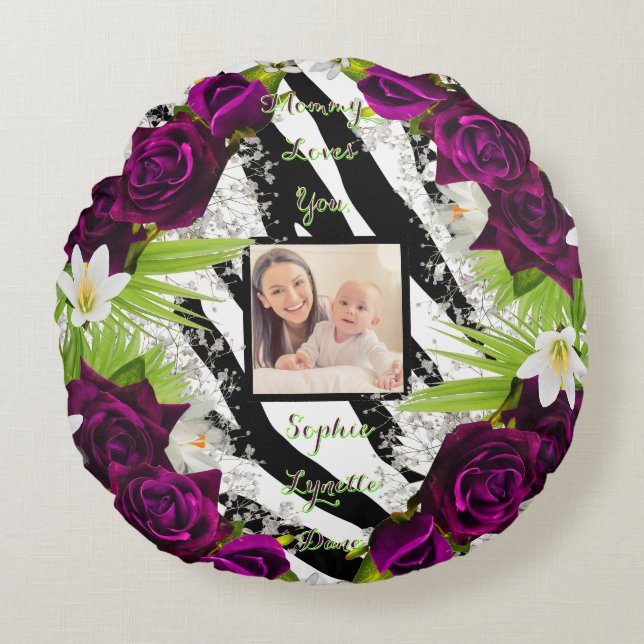 Zebra Print Floral Round Kissen mit Palmtext (Vorderseite)