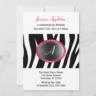 Zebra Print Fuchsia Glas Monogram Birthday Einladung