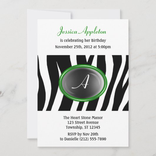 Zebra Print Green Glass Monogram Birthday Einladung (Vorderseite)