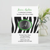 Zebra Print Green Glass Monogram Birthday Einladung (Stehend Vorderseite)