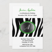 Zebra Print Green Glass Monogram Birthday Einladung (Vorne/Hinten)