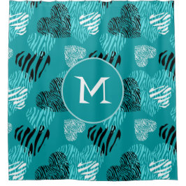 Zebra Print Hearts Aquamarin White Monogram Duschvorhang