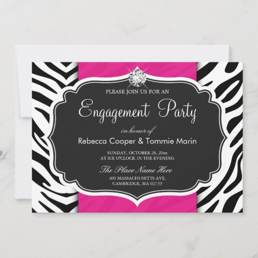 Zebra Print Hot Pink Diamond Engagement Party Einladung (Vorderseite)