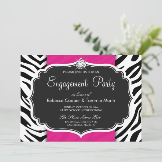 Zebra Print Hot Pink Diamond Engagement Party Einladung (Stehend Vorderseite)