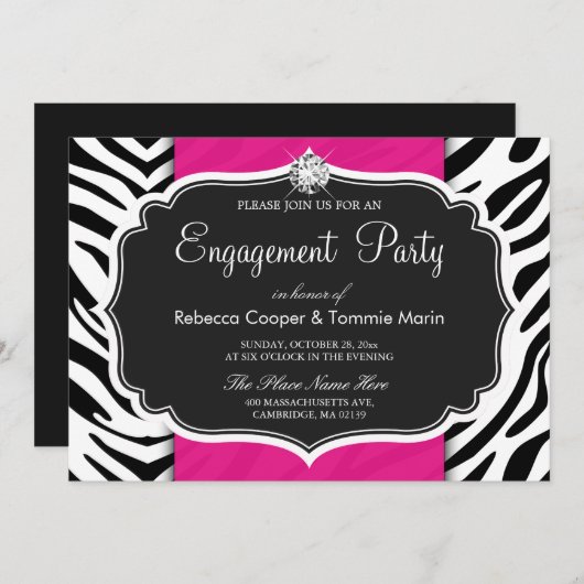 Zebra Print Hot Pink Diamond Engagement Party Einladung (Vorne/Hinten)