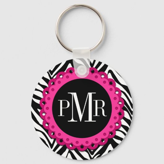 Zebra Print Hot Pink Lace Monogram Personalisiert Schlüsselanhänger (Vorderseite)